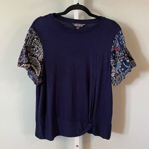Sharagano Navy Short Sleeve Knotted Top With Dramatic Sleeves